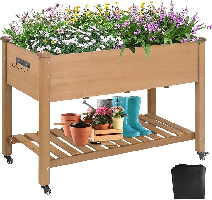 Raised Garden Bed with Wheel 48x24x30in, Elevated Wood Planter Box Can Grow Vegetables, Flowers and Herbs Suitable for Backyard, Patio, Balcony, Terrace, Veranda （Brown）