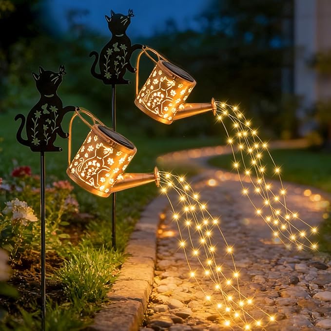 Outdoor Solar Cat Garden Decorative, 2 Pcs Solar Watering Can with Light, Featuring Metal Cat Silhouette Stake, Day Gift for Women, Waterproof, for Landscape, Lawn, Garden Path Decor