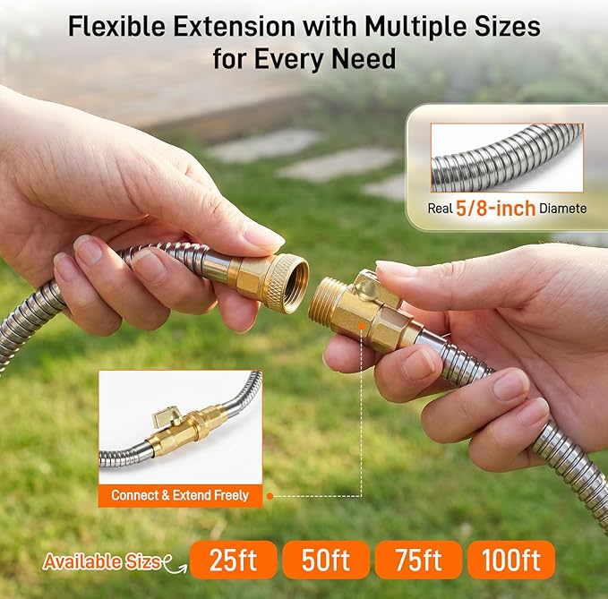 Garden Hose, 100ft 5/8" Stainless Steel Water Hose w/ 10-Mode Spray Nozzle, On/Off Valve, 523 PSI Burst, Anti-Kink, Lightweight All-Weather Flexible, Leakproof 3/4" Brass Male to Female Fittings