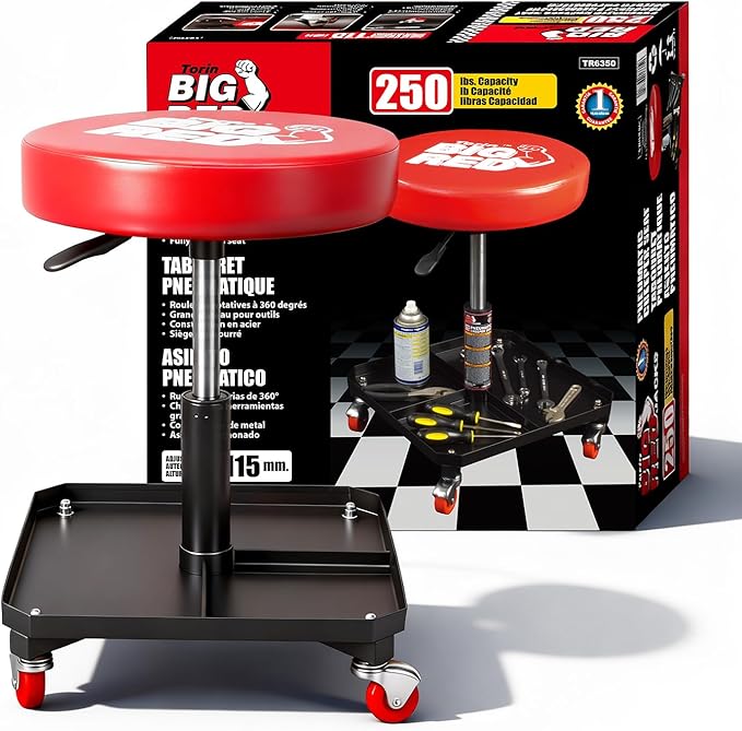 Big RED Rolling Mechanic Stool with Tool Tray, Pneumatic Garage Seat, Adjustable Height Form 17"-22",Storage Workshop Chair for Auto Repair