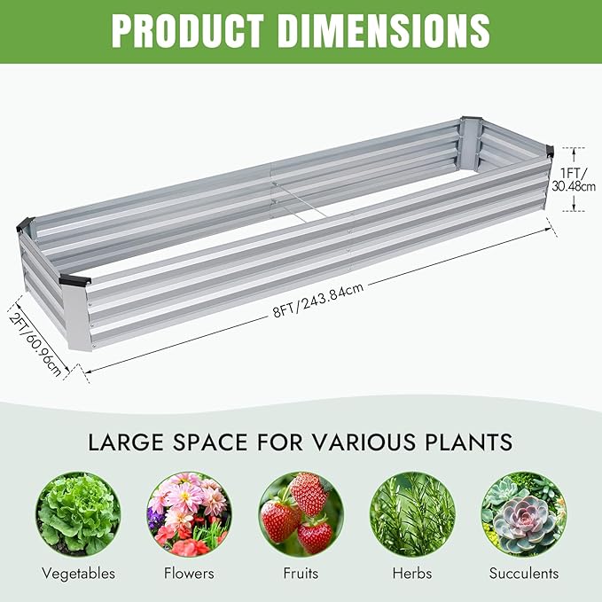 INNO STAGE Galvanized Raised Garden Bed Kits, 8x2x1ft Metal Raised Garden Beds Outdoor, Large Steel Raised Planter Bed with Gloves for Vegetables & Flowers Patio Ground Planter Box(Silver, 2PCS)
