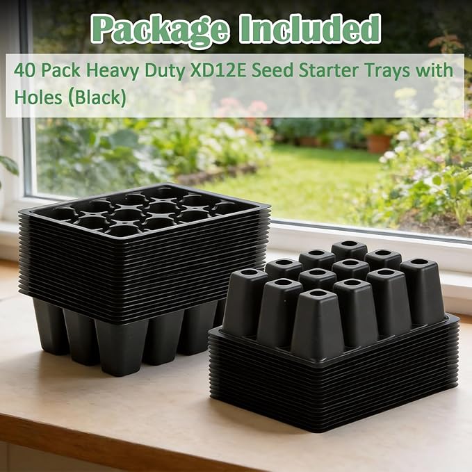 RooTrimmer 40 Pack Reusable 12-Cell Seed Starter Tray, Plant Starter Trays with Large Drainage Holes for Seed Germination, Easy to Repotted, Fits Standard 1020 Flats and TD377 Trays, Black