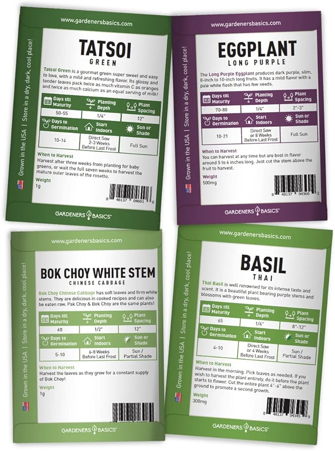 Gardeners Basics, Asian Vegetable Seeds for Planting 8 Packets Bok Choy, Michihili (Napa) Chinese Cabbage, Tatsoi, Onion, White Radish, Serrano, Eggplant for Your Non GMO Heirloom Vegetable Garden
