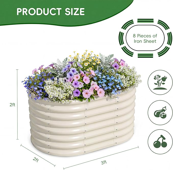 AHEONLAR 3Pack 3x2x2ft Galvanized Raised Garden Beds Outdoor, Oval Raised Beds for Gardening Metal Planter Boxes for Planting Vegetables, Fruit, Herb, White