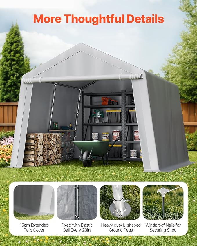 VEVOR Portable Shed Storage Shelter Outdoor, 10x10x8.5 ft Heavy Duty Instant Storage Tent Tarp Sheds with Roll-up Zipper Door and Ventilated Windows for Motorcycle, Bike, Garden Tools