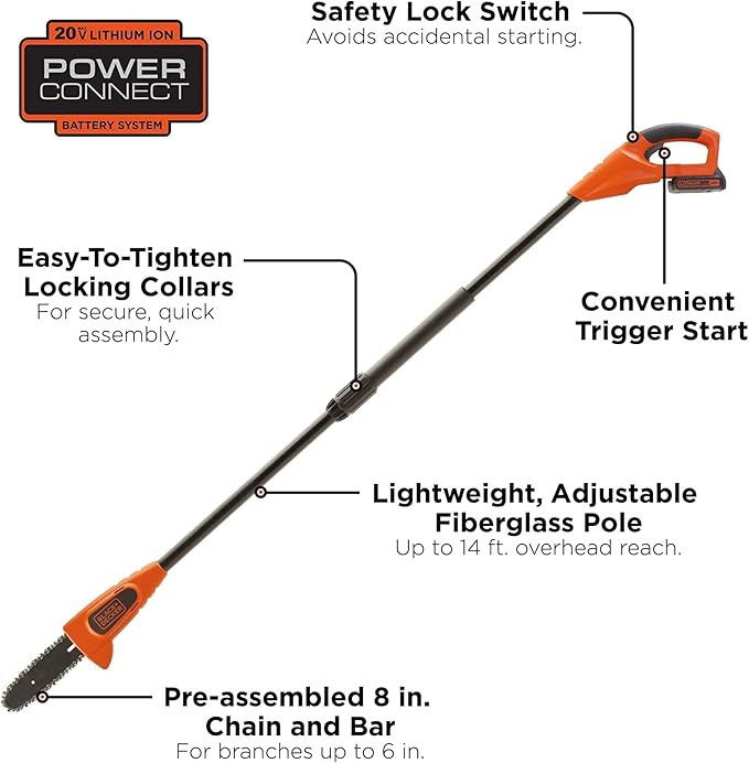 BLACK+DECKER 20V Max Pole Saw for Tree Trimming, Lightweight, Rechargeable Cordless, Extension up to 14 ft Reach, Tool Only, Electric Pole Saw (LPP120B)