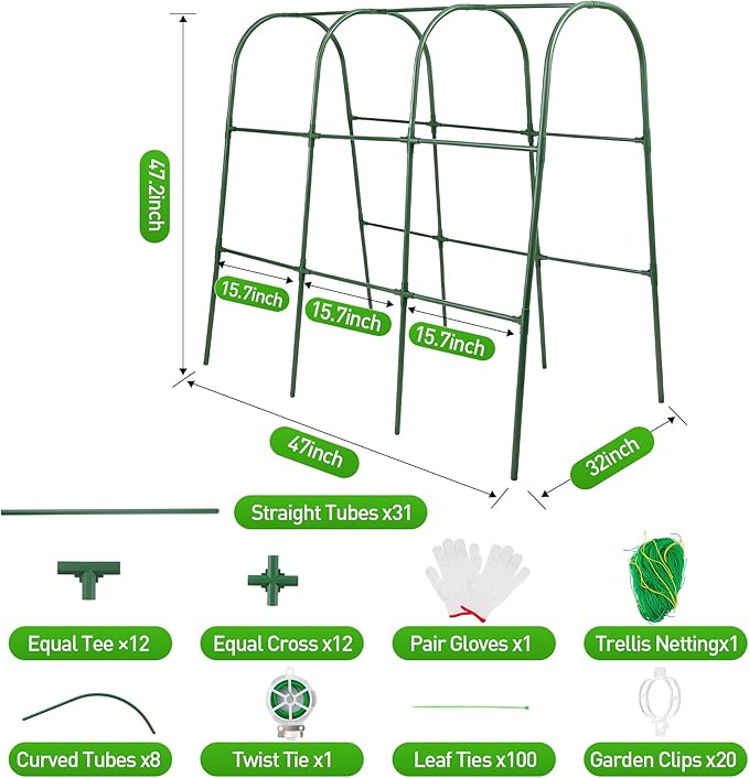 Cucumber Trellis, Garden Trellis U-Shape Plant Support for Climbing Plants Metel Arch with Netting for Raised Garden Bed Outdoor Cucumbers, Tomatoes, Vine Climbing Plant(47.2''X32''x47.2''(LxWxH))