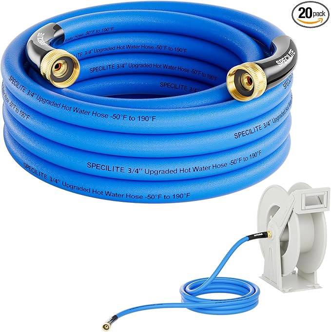 SPECILITE Female to Female Hot/Cold Garden Water Hose 20 ft x 3/4 Inch for Hose Reel, -50℉To 190℉, Heavy Duty, Flexible, Burst 605 Psi, Rubber Extension Pipe with 3/4" Brass Fittings