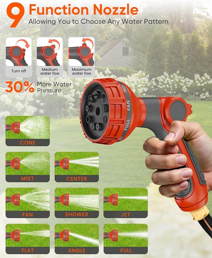 Retractable Garden Hose 155 ft x 1/2 inch Heavy Duty Wall-Mounted Hose Reels 180° Swivel Automatic Slow Return Any Length Lock 9 Pattern Nozzle UV Resistant