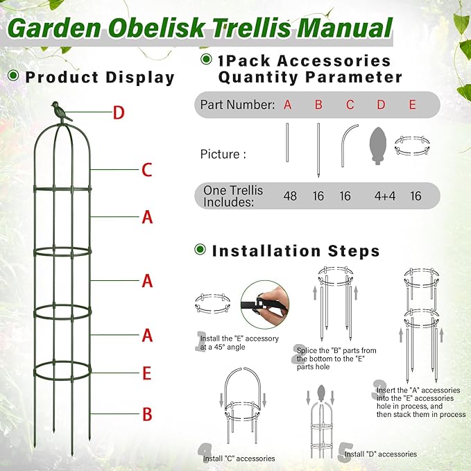 Sadnyy 4 Pack 6 ft Garden Obelisk Trellis for Climbing Plants Outdoor Rustproof Rose Pots Tall Garden Trellis for Outdoor Indoor Vines Flower Plants Support(Green)
