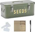 Orionstar Seed Storage Organizer, Metal Seed Saving Box with Lid, Seed Bin with 30 Plant Labels 30 Seed Envelopes 1 Marker Pens, 4 Compartments Box with Safety Locks, Blackish Green