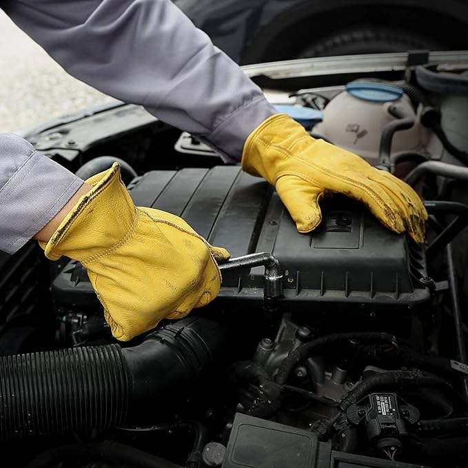 OZERO Gardening Work Gloves Men,1 Pair Insulated Heavy Duty Cut Resistant Thorn Proof Leather Cowhide Mens Women Mechanic Garden Gloves for Driving Welding-XLarge
