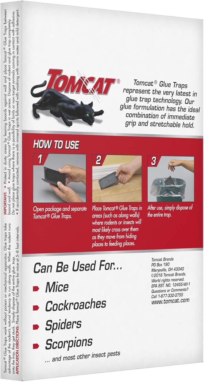 Tomcat Mouse Trap with Immediate Grip Glue for Mice, Cockroaches, and Spiders, Ready-to-Use, 2-Pack (8 Glue Traps)