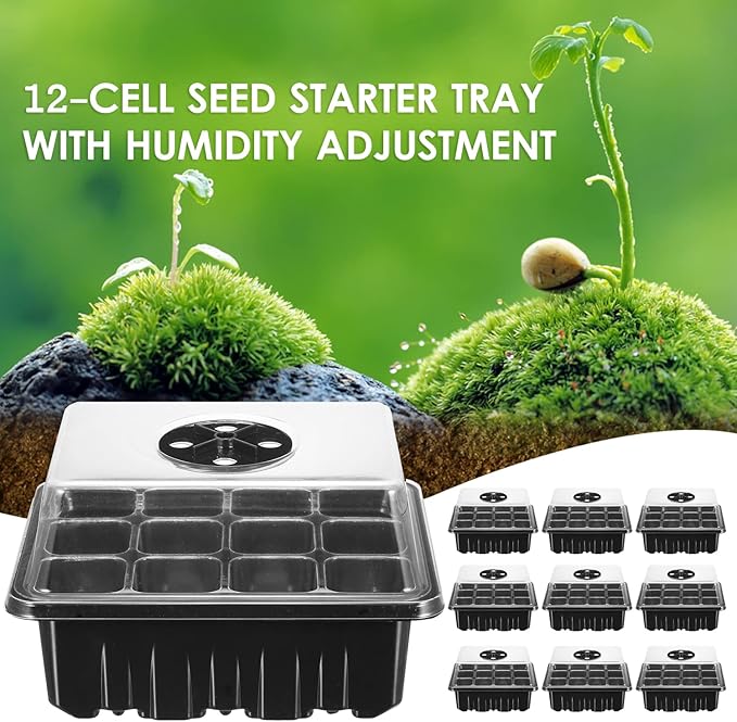 10 Pack Seed Starter Trays 12-Cell Seedling Box with Humidity Adjustment Transparent Domes and Base Trays for Garden Seedling Seed Starting Growing Germination