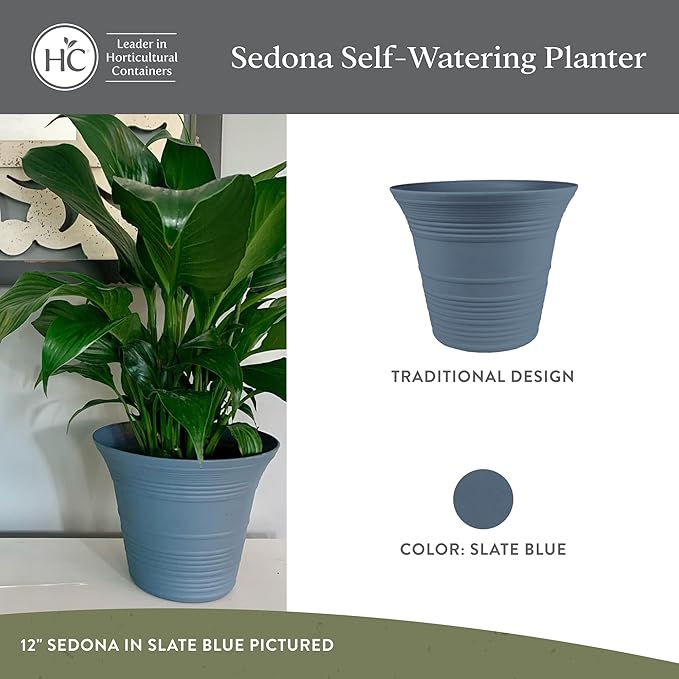 The HC Companies 7 Inch Sedona Round Self Watering Planter Pots, Lightweight UV-Resistant Plastic Indoor & Outdoor Planters, 4-Pack Flower Pots for Garden & Home Decor, Slate Blue