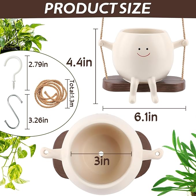 Large Size Swing Face Hanging Planter Pot for Indoor Outdoor Plants, Cute Swinging Plant Pot, Hanging Flower Pots, Face Planter Pot Head, Resin Succulent Planter, Birthday Gifts
