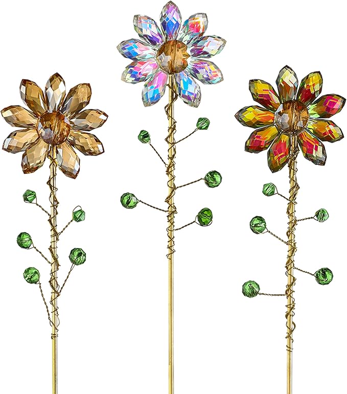 H&D HYALINE & DORA 3 Pcs Crystal Sunflower Suncatchers with 13'' Gold Trellis Metal Plant Stake for Indoor Outdoor Garden Potted Plants Decorations Plant Lover Gift(Ab, Red, Amber)