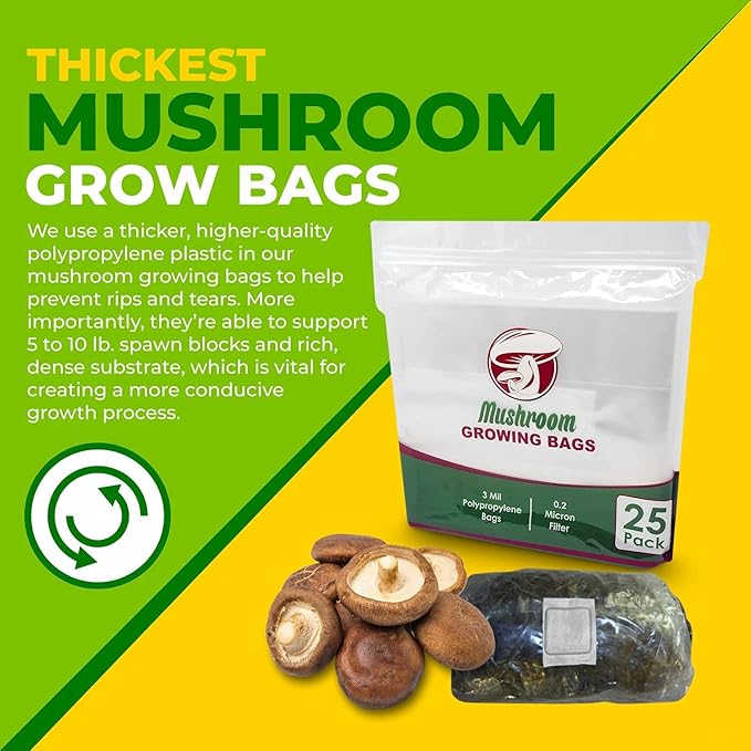 Reinforced Mushroom Grow Bags, 10 Count, Oyster Spawn and Grain Root Substrate Growing Kit with 0.2 Micron Filter, Heavy Duty 3 Mil Polypropylene Plastic
