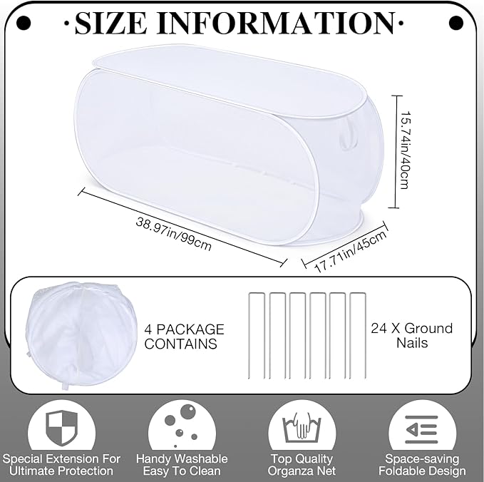 4 Pcs 39" x 18" x 16" Pop up Garden Rows Plants Cover Vegetable Mesh Plant Protector Net Cage Guard with Ground Nails for Protecting Vegetable Fruit Seedling from Animal (White)