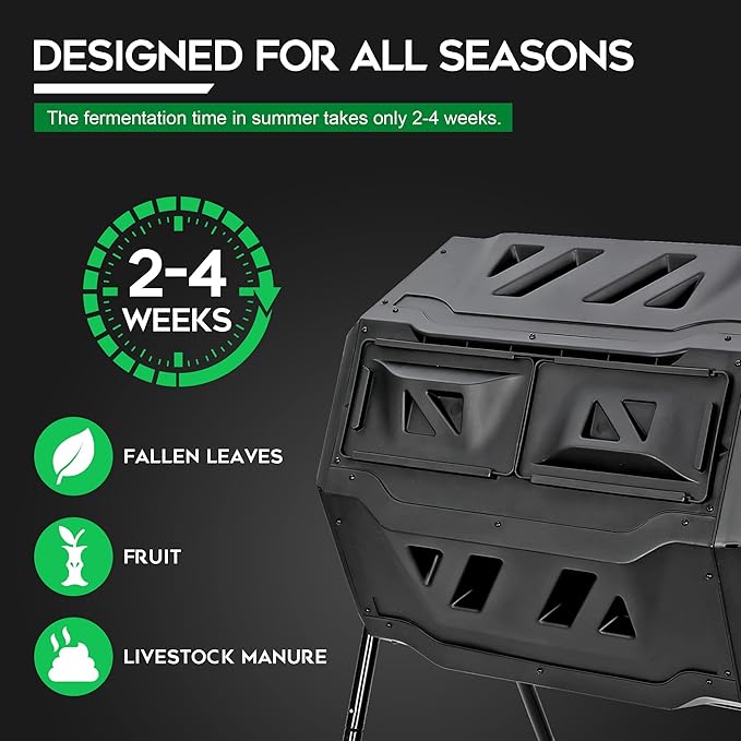 F2C Compost Bin Outdoor 43 Gallon Garden Dual Chamber Composter Bin - Bundled with Pearson's Gardening Gloves, BPA Free, Heavy-Duty Steel Frame, Rotating Tumbler with Sliding Doors -Black