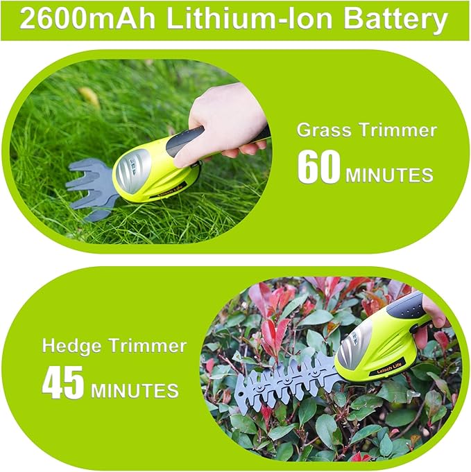Leisch Life Cordless Grass Shear & Shrubbery Trimmer - 7.2V 2 in 1 Handheld Hedge Trimmer Electric Grass Trimmer Hedge Shears w/Pruning Scissor Rechargeable Lithium-Ion Battery and Charger Included