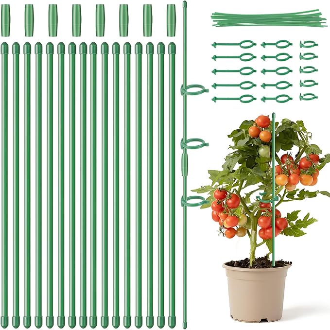 12inch Plant Stakes, 16Pcs Adjustable Plant Support Stake Plant Sticks for Indoor Outdoor Green Poles with Rings Clips & Ties for Potted Plants Monstera Tomato Orchid Flower