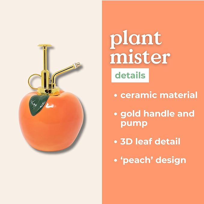 ban.do Peach-Shaped Plant Mister, Fruit Theme Indoor Plant Accessories, Ceramic Watering Can Spray Bottle with Plastic Nozzle, Peach