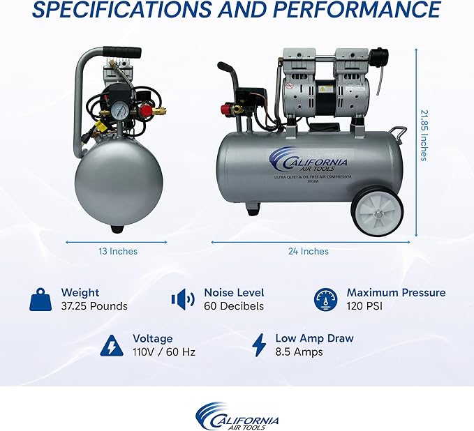 California Air Tools 8010A 1.0 HP Ultra Quiet and Oil-Free Air Compressor, 8 Gallon Aluminum Tank, Lightweight with Wheels, 60 dBA Noise Level