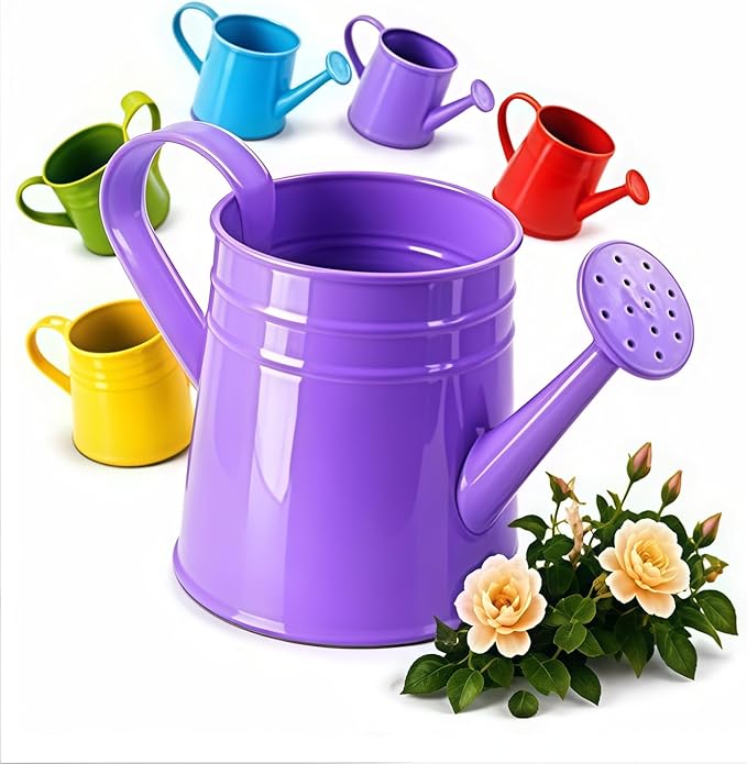 White Watering Can Metal - 1 Gallon Vintage Sprinkling Can with Removable Spout - Galvanized Steel Water Cans for Indoor Outdoor Plants - Long Spout Garden Irrigation Tool for Flowers (Purple)