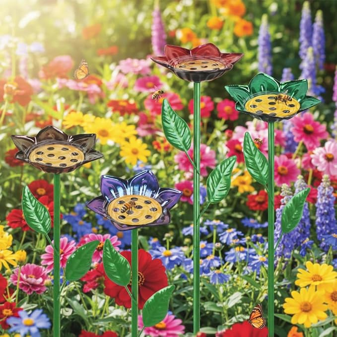 dreamysoul 4 Pack Bee Watering Station, Decorative Metal Bee Bath with Colorful Flower Design for Garden Yard Decor