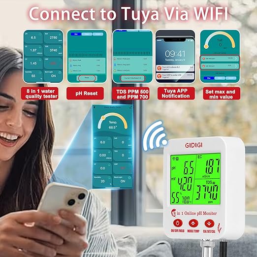 Digital pH EC Meter Smart Hydroponics pH Meter with WiFi for Real Time Large Screen with Multiple Parameters Displayed Simultaneously pH EC Monitor Salt Meter ORP Tester for Aquarium