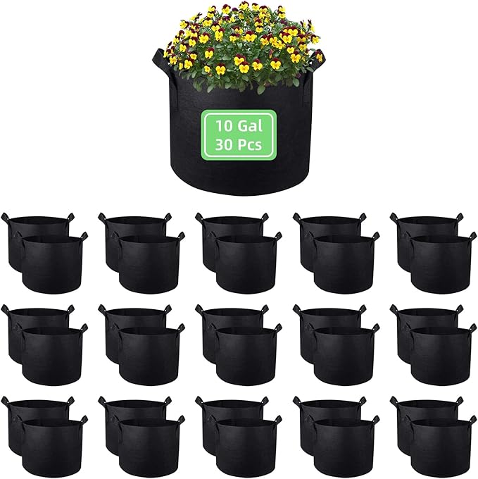 10 Gallon Garden Grow Bags, 30 Pack 10 Gal Planter Bags Fabric Pot Bags, Nonwoven Grow Bags Heavy Duty Aeration Pots with Handles, Garden Fabric Planters for Vegetables Flowers (Black)