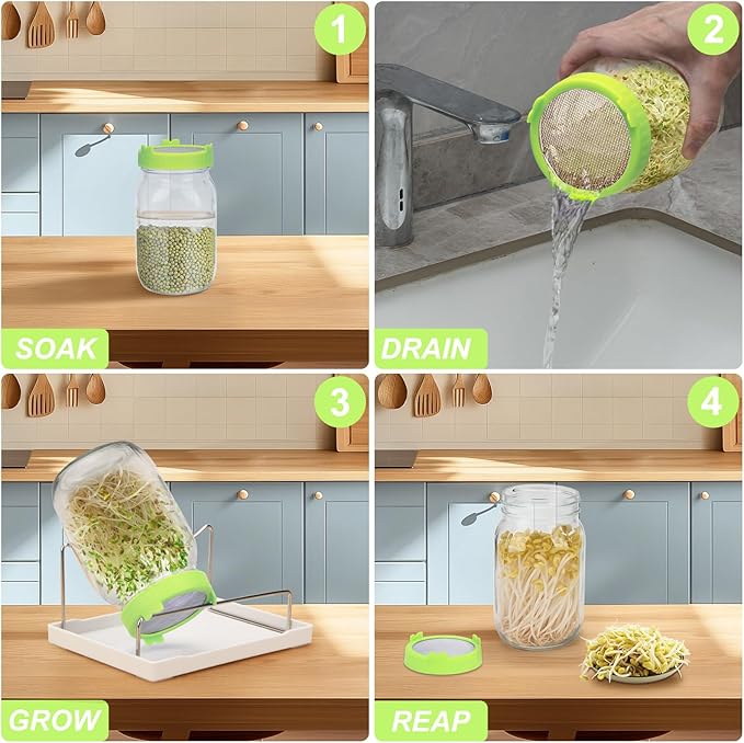 Lulonpon Sprouting Lids Growing Kit, Sprouting Lids for Wide Mouth Mason Jar, Screen Sprout Lids with Stand, Sprouting jar kit for Sprouting, Sprouting Seeds, Sprouting Kit