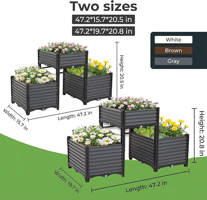 3PCS Raised Garden Beds Outdoor with Legs Planter Box, 47x20x21in Reinforced Support Rods, Drainage Grid, Multi-Combination Options for Vegetables, Flowers, Herbs, Ideal for Balcony, Patio Gardening