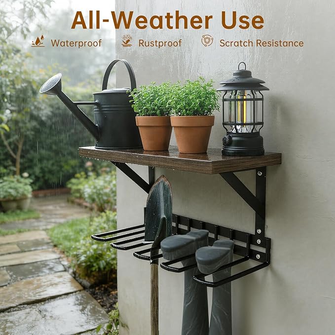 Decoroca Wall Mount Boot Rack, Garden Tool Organizer With 5 Curved Hooks & Wood Shelf, Heavy Duty Wader Boot Hangers Organizer Rack Trays for Outdoor/Indoor, Garden, Garage