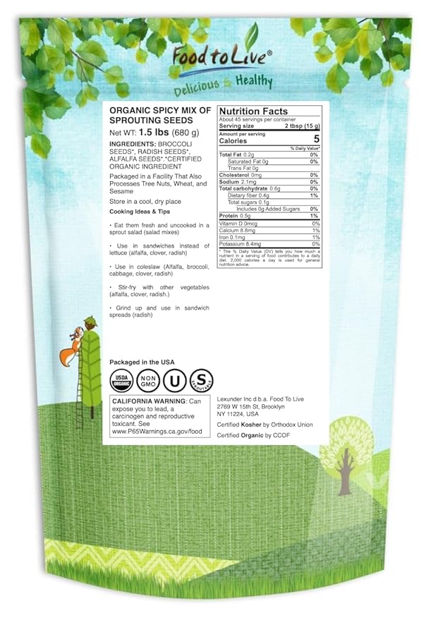 Food to Live Organic Spicy Mix of Sprouting Seeds, 1.5 Pounds — Non-GMO Broccoli, Radish, Alfalfa, Raw, Rich Germination Rate, Non-Irradiated, Pure, Kosher, Vegan Superfood, Bulk, Rich Sulforaphane