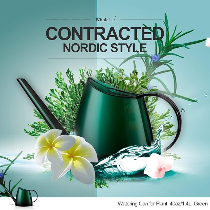 WhaleLife Small Indoor Watering Can for House Plants - Stylish Green Plastic Watering Pitcher with Long Spout for Potted Plants, Succulents, and Desk Gardens 1.4L