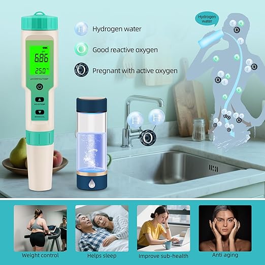 Hydrogen Water Tester, 4-in-1 pH H2 ORP Temp Meter, High Accuracy Hydrogen Tester for Water, Portable ORP Meter for Drinking Water, Aquarium, Hydrogen Water Bottle, Home and Lab Use, Pool