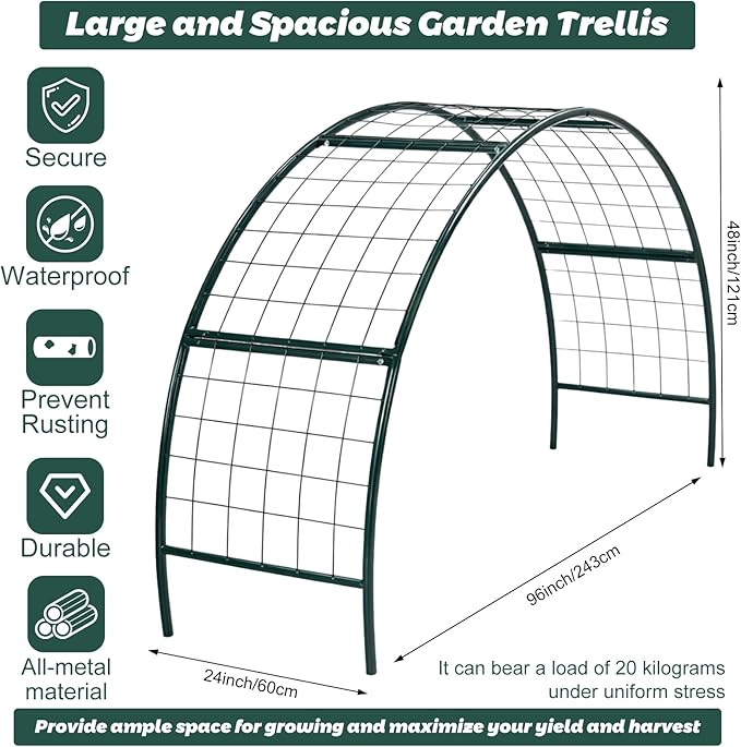 Newtay Arch Trellis for Planter Box Garden Wide Arbor Trellis Metal Arbor for Climbing Plants, Vegetables and Flowers Decorative Outdoor(Green,8 x 2 x 4 ft)