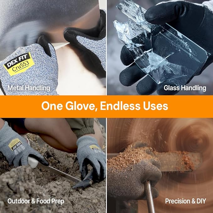 DEX FIT Level 5 Cut Resistant Gloves Cru553, 3D-Comfort Fit, Firm Grip, Thin, Touch-Screen, Durable, Breathable; 3 Pairs (Blackgrey, Large (3 Pair))