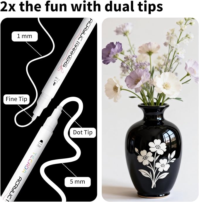 6 White Acrylic Paint Markers, Dual-Tip Acrylic Paint Pen for Rock, Fabric, Wood, Plastic, Canvas, Ceramic, Glass, Metal, DIY Crafts Art Supplies, Dot and Fine Tips