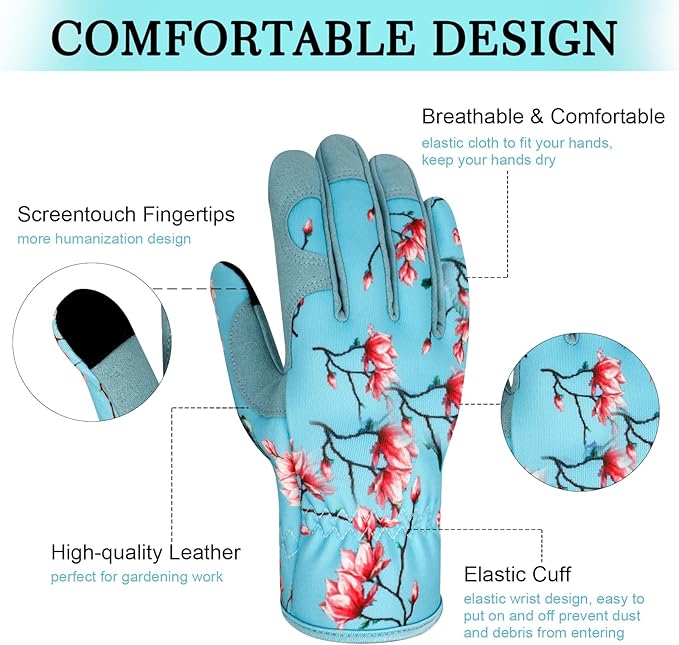Leather Gardening Gloves for Women Garden Gloves Thorn Proof Touch Screen Design Heavy Duty Working Yard Gloves