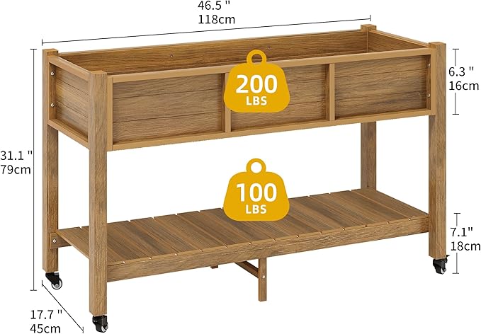 DWVO 47x18x31in Raised Garden Bed Outdoor HDPE with Legs and Lockable Wheels, Weather-Resistant Poly-Wood Elevated Planter Box, Herb Garden Bed for Backyard Patio Balcony, Brown