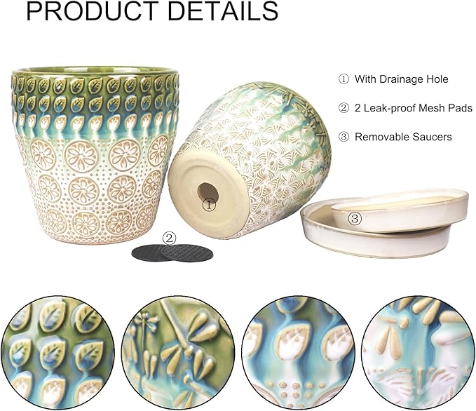 YQSLYSF 6 Inch + 5 Inch Ceramic Planter with Drainage Hole and Saucer for Plants, Indoor-Outdoor Round Succulent Orchid Garden Flower Pot - Set of 2