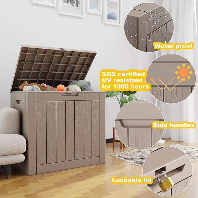 Vixzen 30 Gallon Resin Deck Box, Lockable Outdoor Storage Box for Patio Cushions Storage Furniture,Garden Tools, Pool Supplies, Weatherproof and UV Resistant（Grey，30 Gallon）