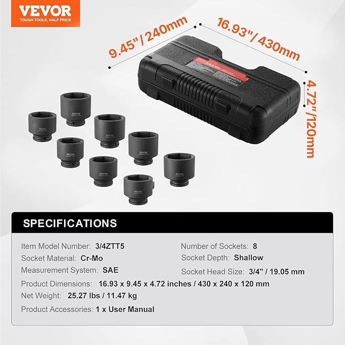VEVOR Axle Nut Impact Socket Set - 3/4" Drive 6-Point 8-Piece SAE Spindle Nut Socket CR-MO Heat Treated Large Socket Set with Storage Case for Auto Repair, Removing or Installing Axle Nuts