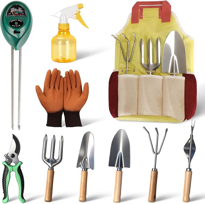 Garden Tool Set,10 Pcs Heavy Duty Gardening Hand Tools Set with Soil Moisture Meter and Storage Tote Bag,Rust-Proof Garden Supplies Kit for Planting,Ideal Gardening Gifts for Women