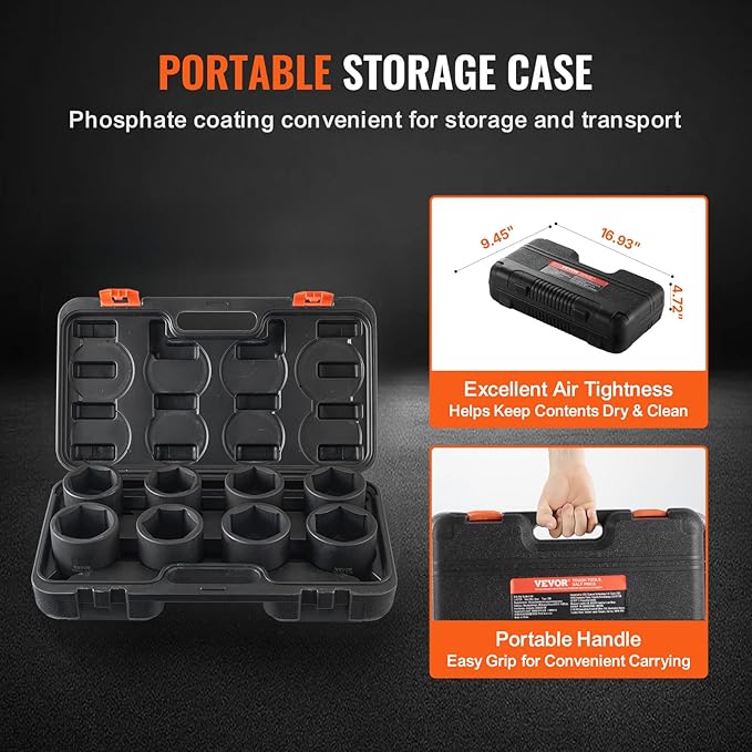VEVOR Axle Nut Impact Socket Set - 3/4" Drive 6-Point 8-Piece SAE Spindle Nut Socket CR-MO Heat Treated Large Socket Set with Storage Case for Auto Repair, Removing or Installing Axle Nuts