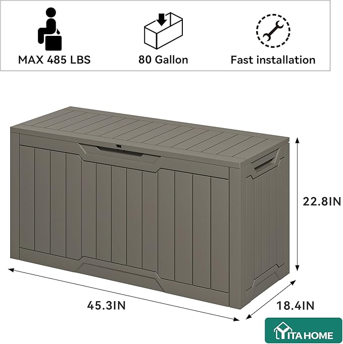 YITAHOME 80-Gallon Waterproof Resin Outdoor Storage Box, Lockable Storage Container for Outdoor Furniture, Cushion Storage, Pool Accessories, Garden Tools and Sporting Gear, Taupe