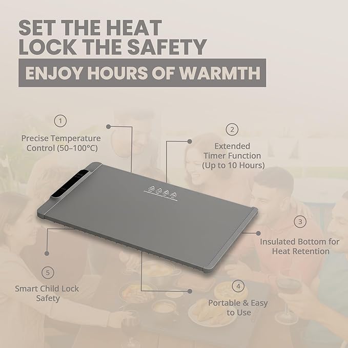 26"x15" Dark Gray Electric Food Warming Silicone Mat - 10 sec Fast & Even Heating Tray - Upto 10 Hrs Timer, 50-100°C Adjustable Temp, Child Lock & Safety Edge, Portable Warmer Pad for Kitchen & Buffet